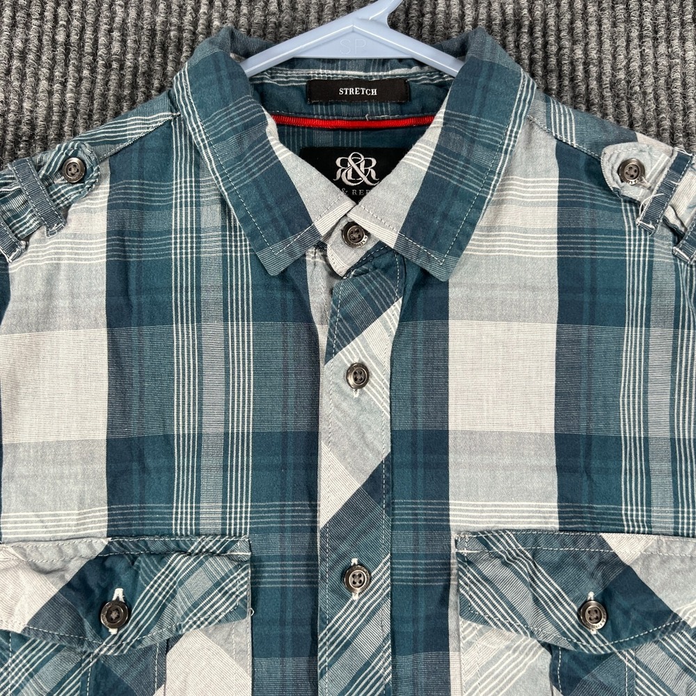 Rock & Republic Mens Shirt Small Blue Plaid Long Sleeve Button Up Stretch